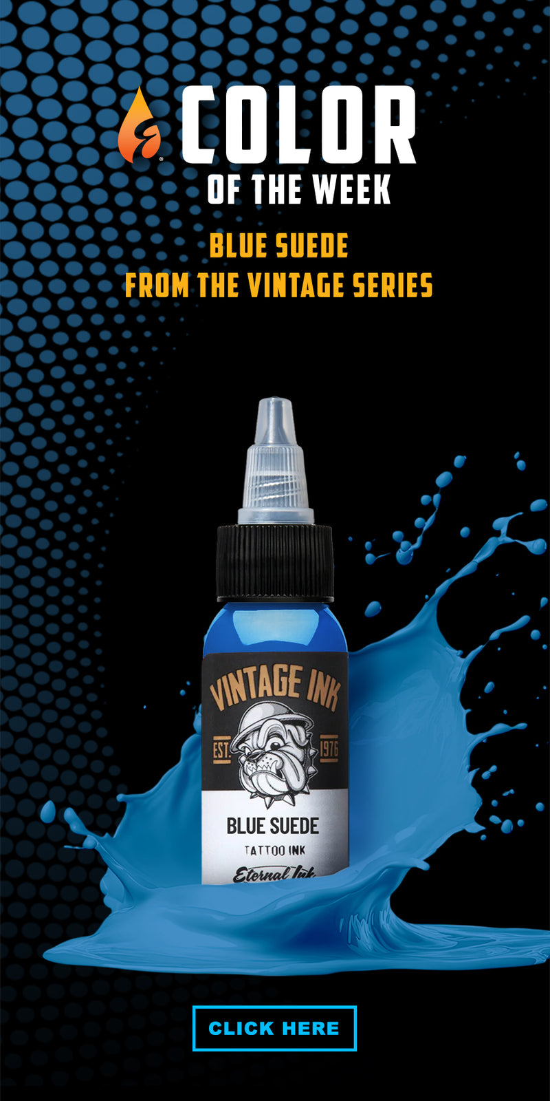 Vintage ink bottle labeled 'Blue Suede' from the Vintage Series on a dark background with blue splashes.