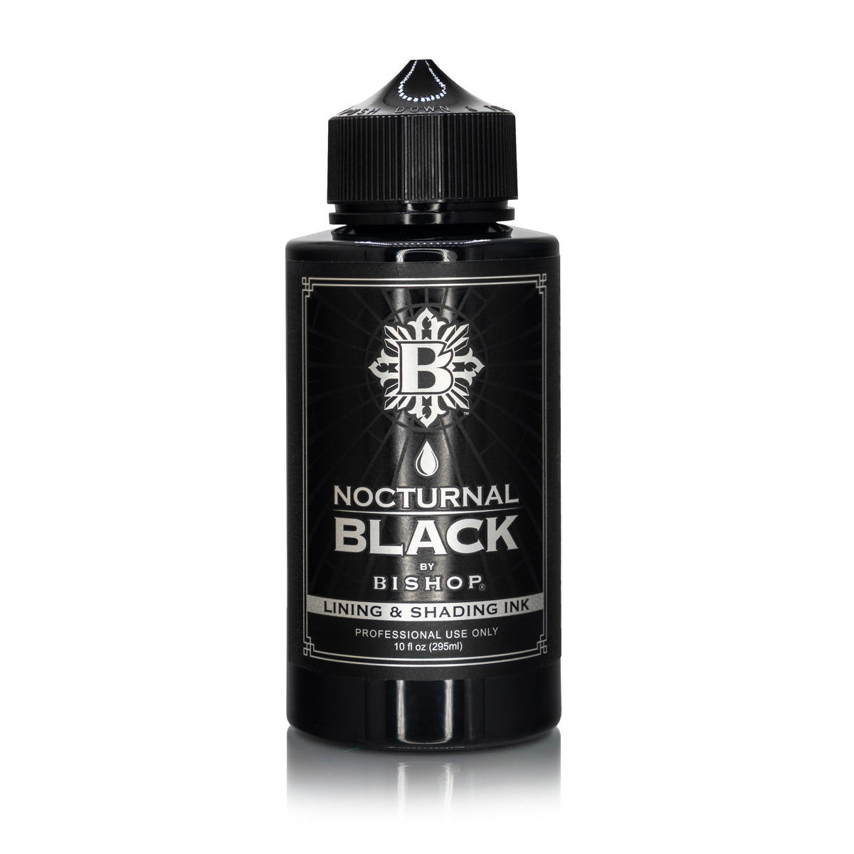 Black ink bottle labeled 'Nocturnal Black by Bishop' on a white background
