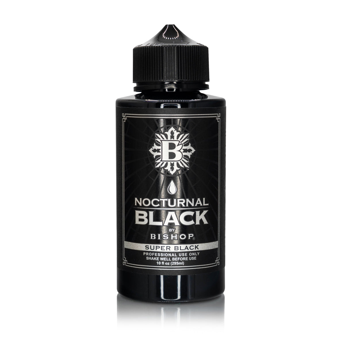 Black bottle of Bishop Nocturnal Super Black on a white background