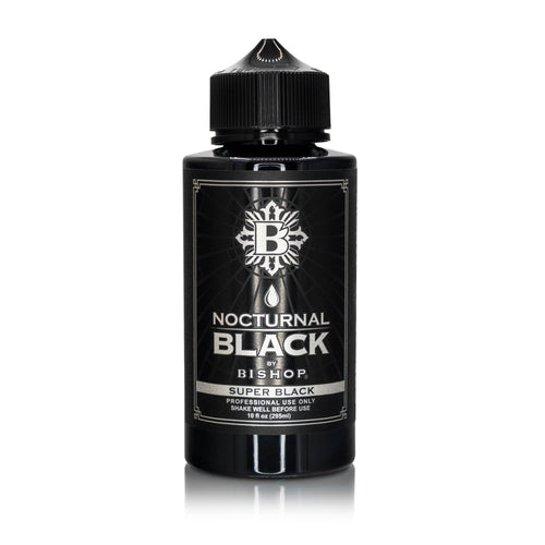 Black bottle of Bishop Super Black tattoo ink with a white background