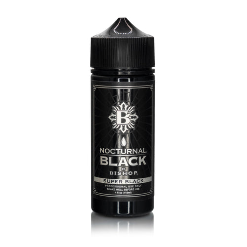 Black bottle of Bishop Super Black tattoo ink with a white background