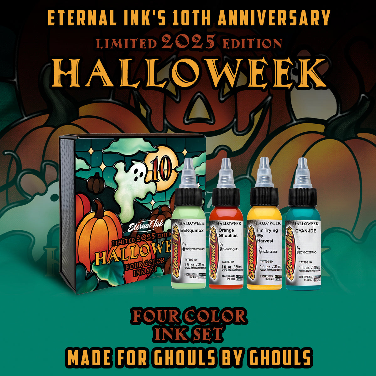 Eternal Ink's Halloween 2025 limited edition ink set with pumpkins and ghost graphics.