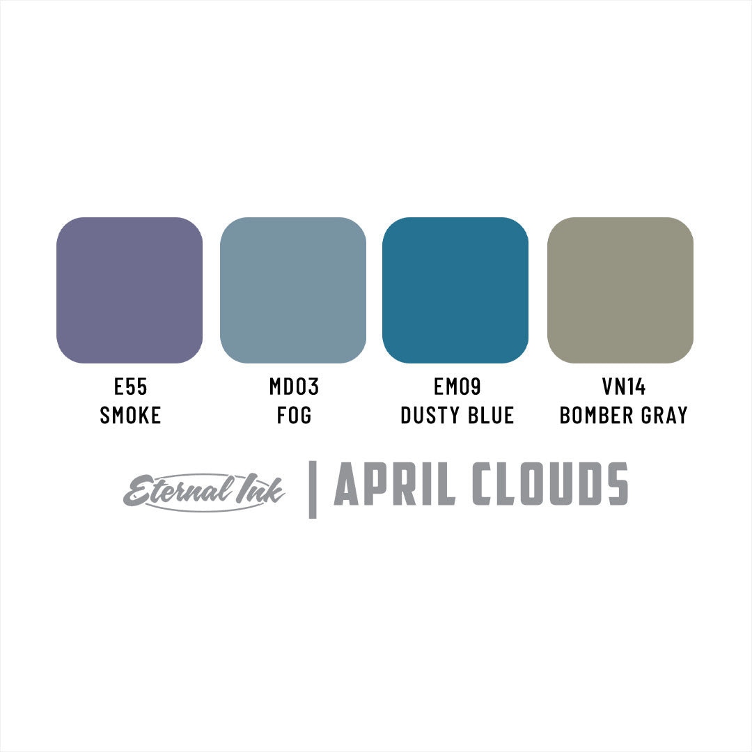 Color swatches labeled 'Smoke', 'Fog', 'Dusty Blue', and 'Bomber Gray' with Eternal Ink branding on a white background.