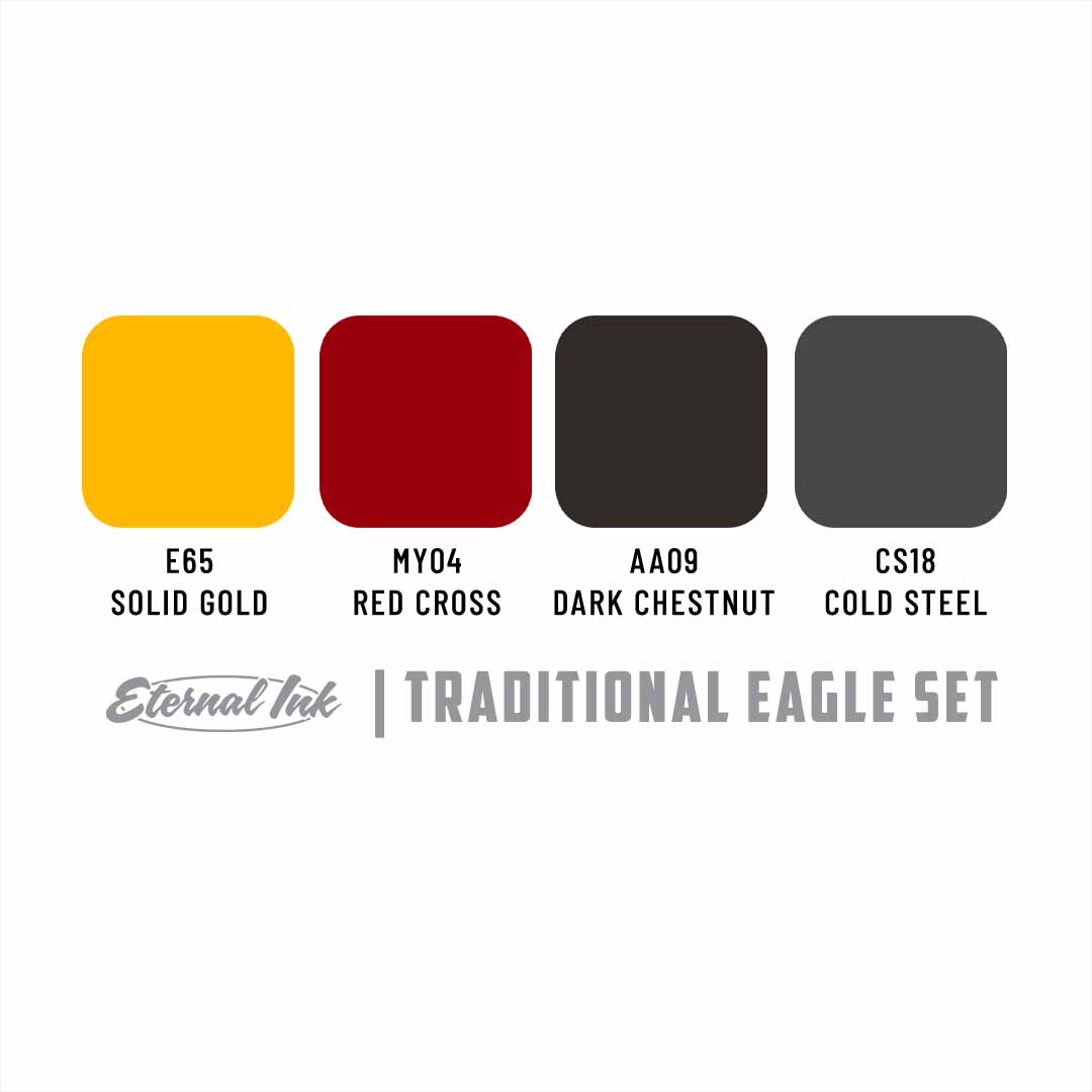 Color swatches for 'Solid Gold', 'Red Cross', 'Dark Chestnut', and 'Cold Steel' with corresponding codes on a white background.