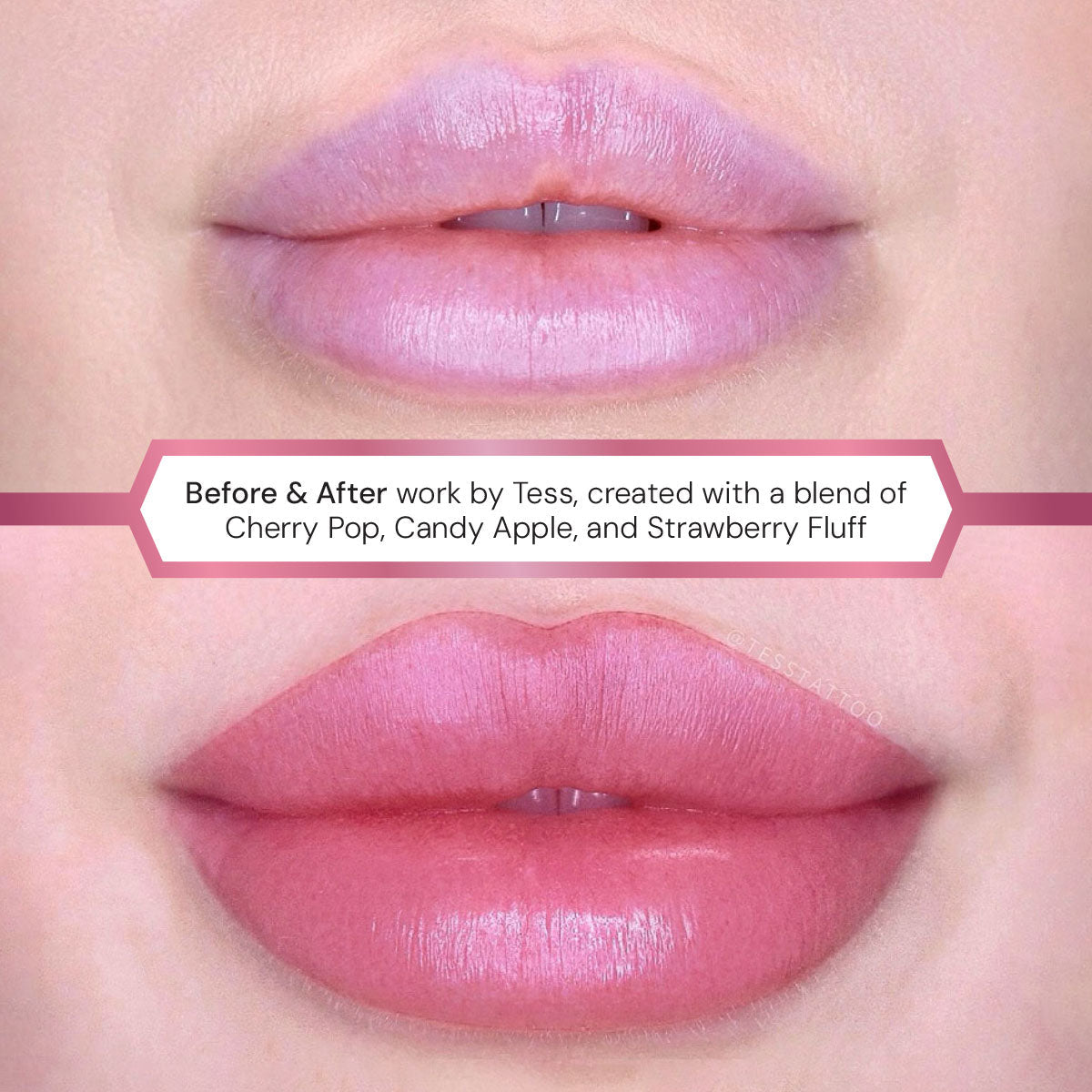 Close-up of lips, labeled 'Before & After work by Tess'.