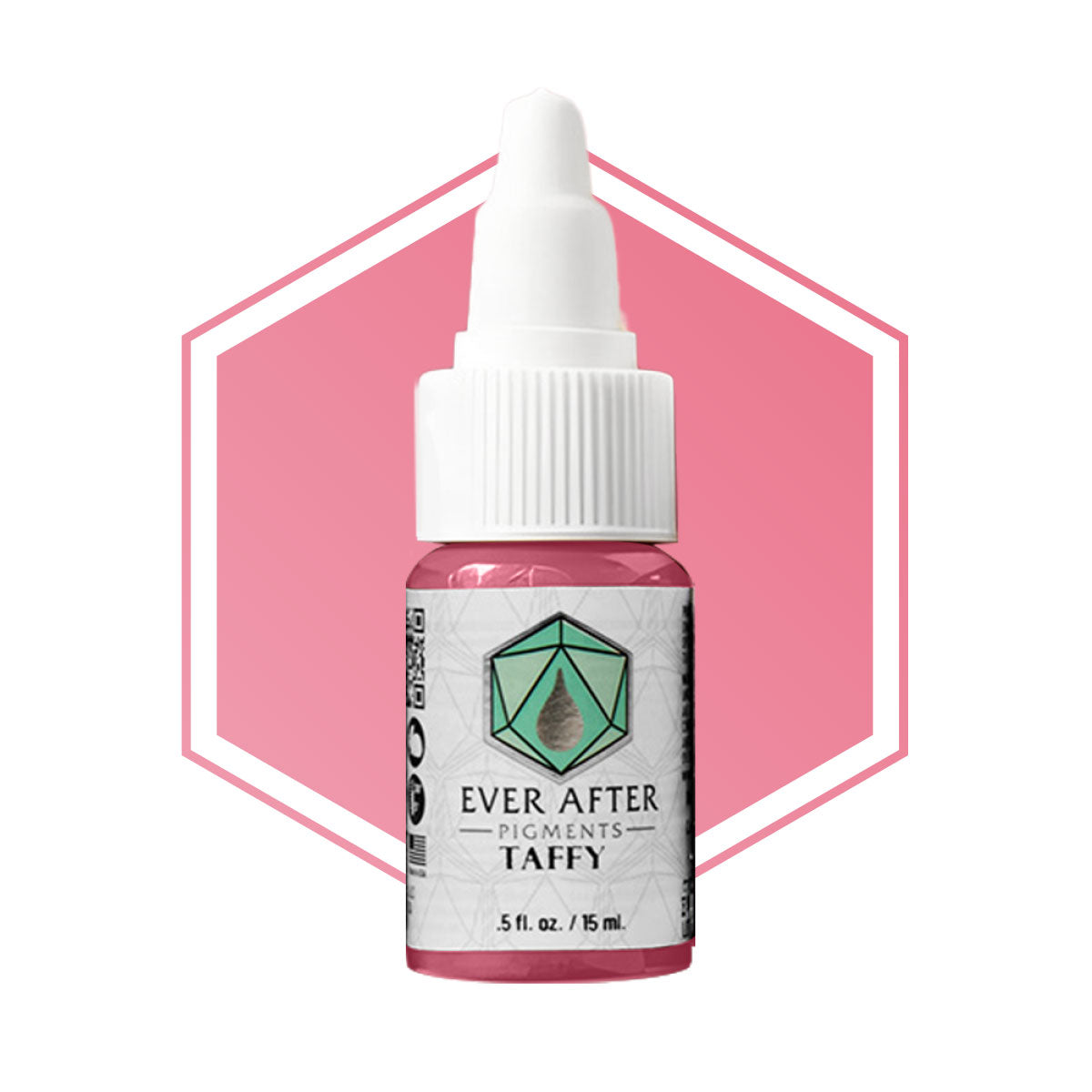 Bottle of Ever After Pigments Taffy on a white background with pink hexagonal border