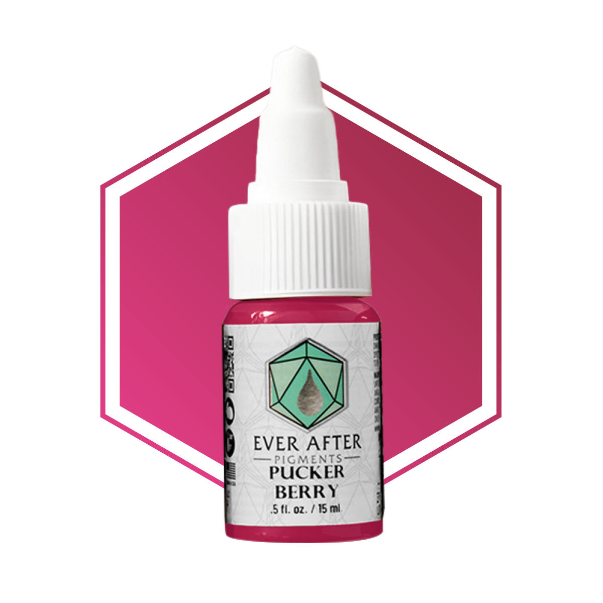 Bottle of Ever After Pigments Pucker Berry with a white cap on a pink hexagonal background