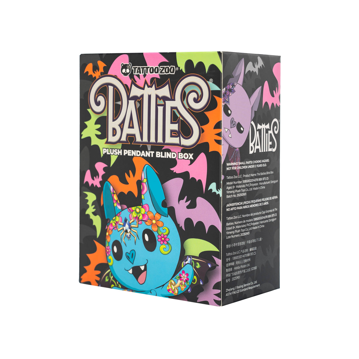Tattoo Zoo Batties plush pendant blind box packaging with colorful design and cartoon character.