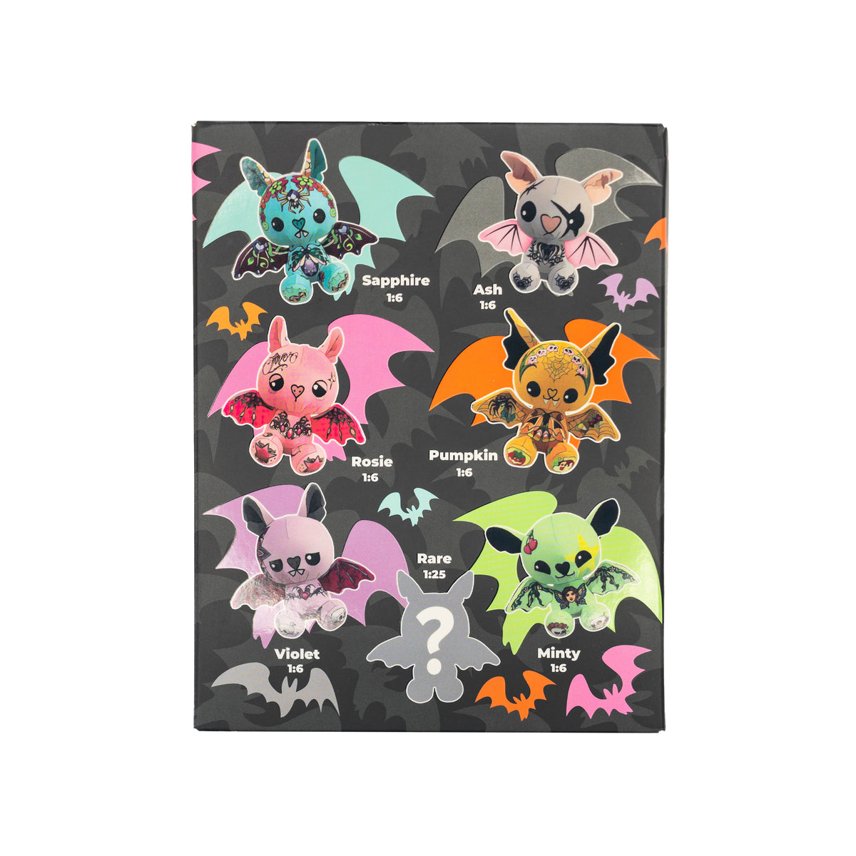 Collection of colorful bat-shaped toys with names on a black background