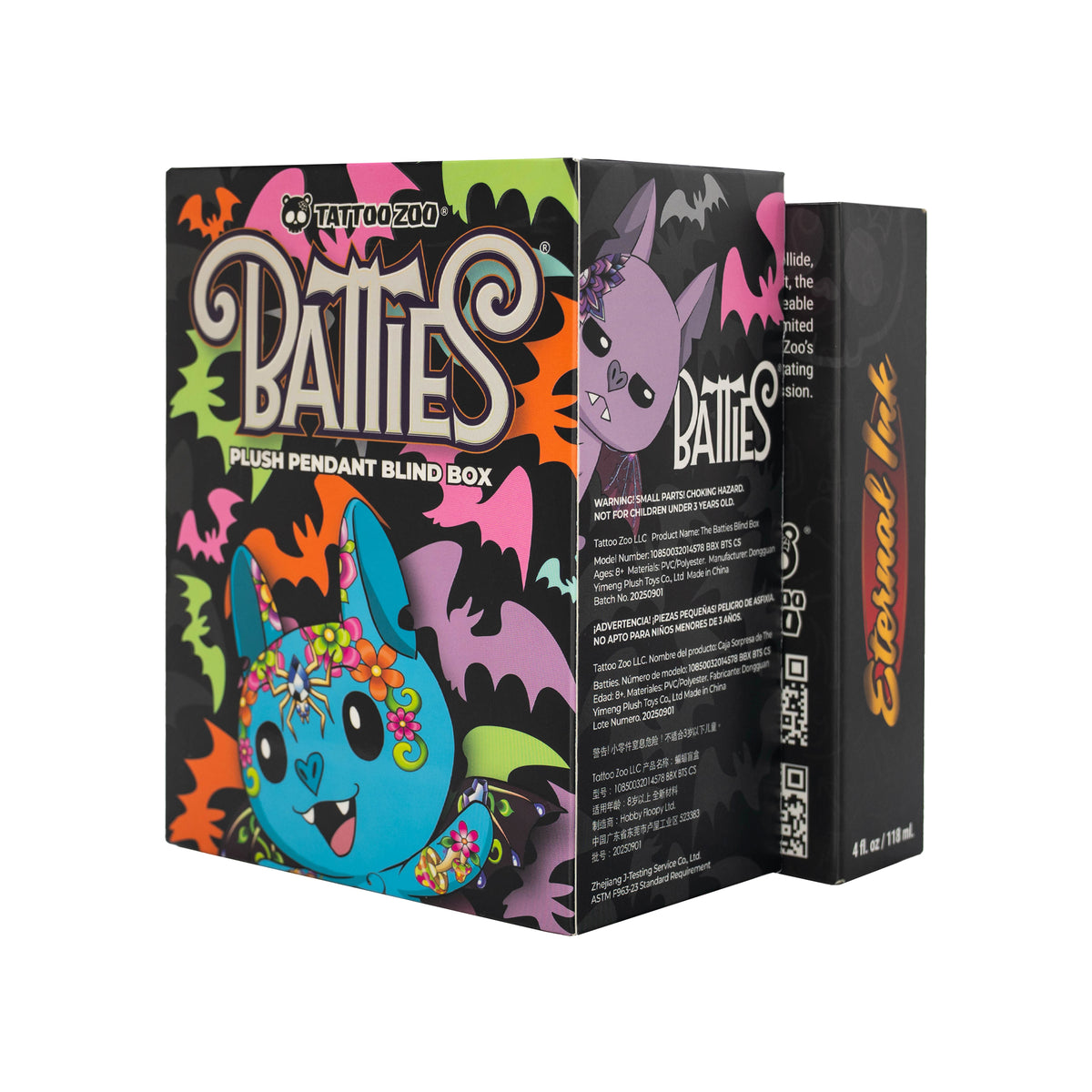 Box packaging for 'Batties' plush pendant blind box by Tattoo Zoo on a white background