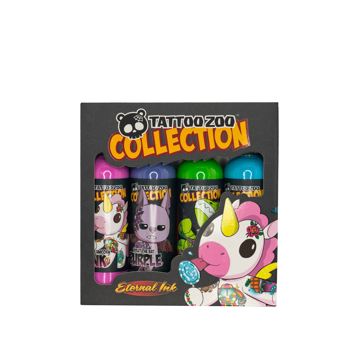 Tattoo Zoo Collection packaging with cartoon characters on a white background
