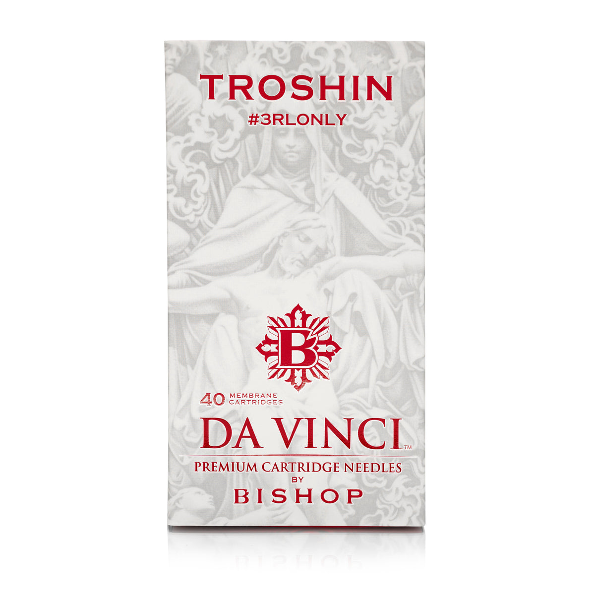 Packaging of Troshin Da Vinci premium cartridge needles by Bishop on a white background