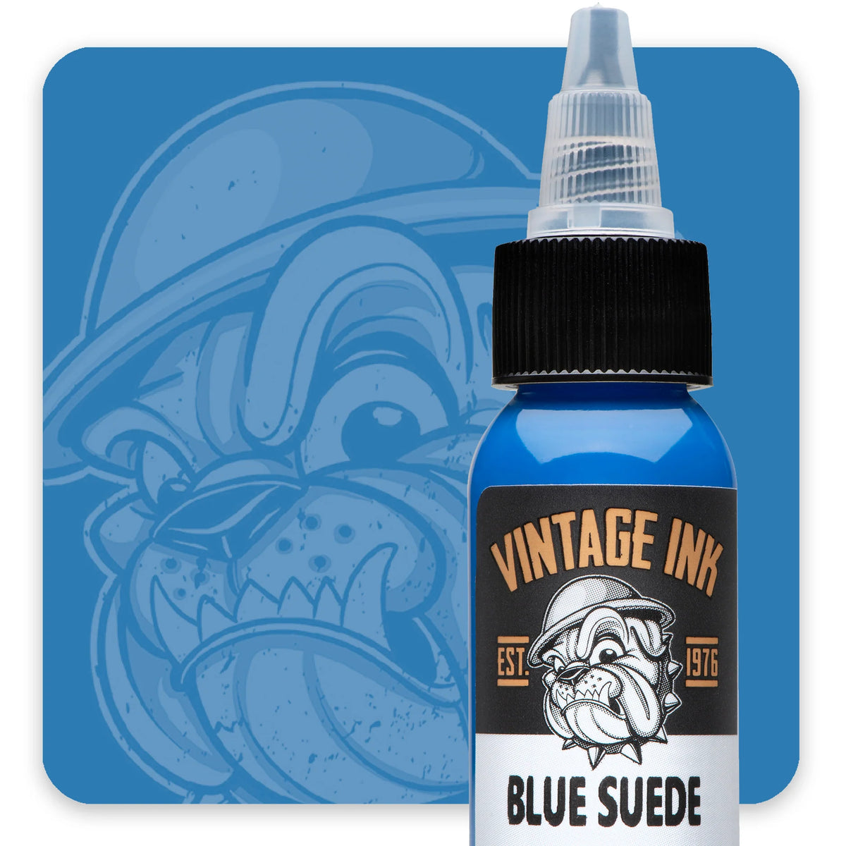Vintage Ink Blue Suede tattoo ink bottle with a blue background featuring a tattoo design.
