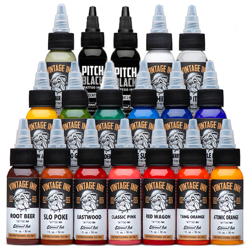 Premium Eternal Ink Vintage Set – 18-bottle tattoo ink collection with classic American traditional colors and essential black and white tones, perfect for bold, lasting work