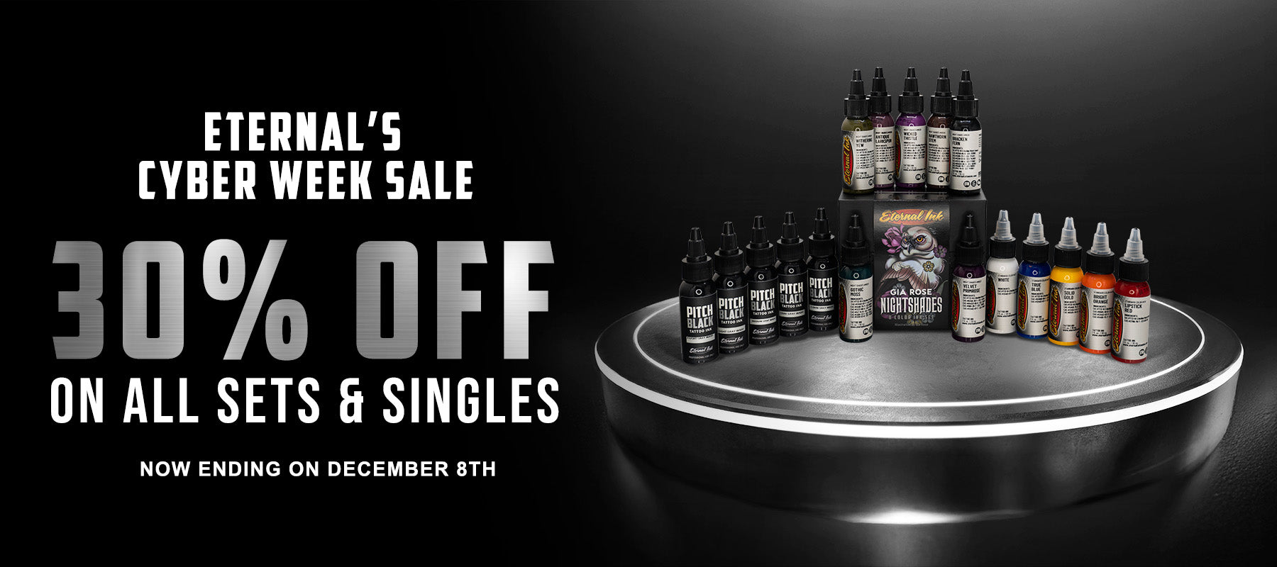 Promotional banner for Eternal's Cyber Week Sale with tattoo ink products on a black background.