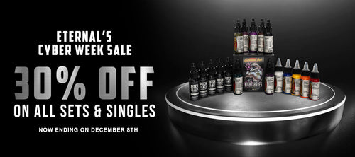 Promotional banner for Eternal's Cyber Week Sale with tattoo ink products on a black background.