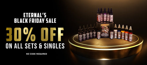 Promotional image for Eternal's Black Friday sale with a display of bottles and text on a dark background.