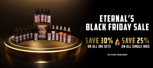 Display of ink bottles with promotional text for Eternal's Black Friday Sale on a dark background