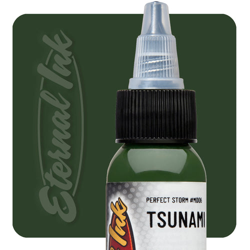 Close-up of Eternal Ink Tsunami MD06 tattoo ink bottle from the Perfect Storm series, shown with matching deep green color swatch background